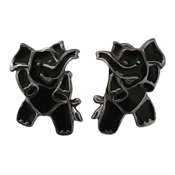 Vtg EDGAR BEREBI Black Enamel & Silver Tone Articulated Elephant Earrings SIGNED - Picture 1 of 3